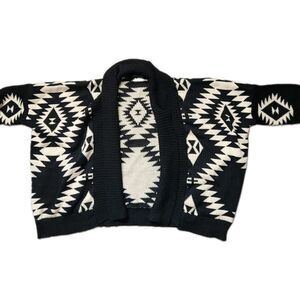Solution Knit Aztec Cardigan Black Cream Open Front Oversized Sweater M/L GUC